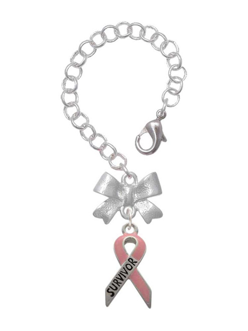 Silver Plated Pink Ribbon ''Survivor'' - Bow Charm Accessory for Tumblers and Thermal Cups