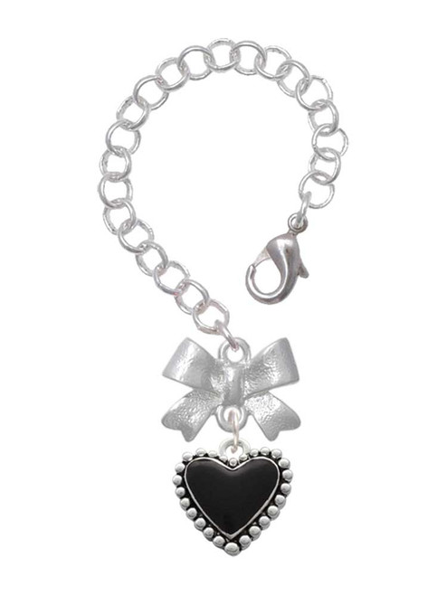 Silver Plated Black Heart with Beaded Border - Bow Charm Accessory for Tumblers and Thermal Cups