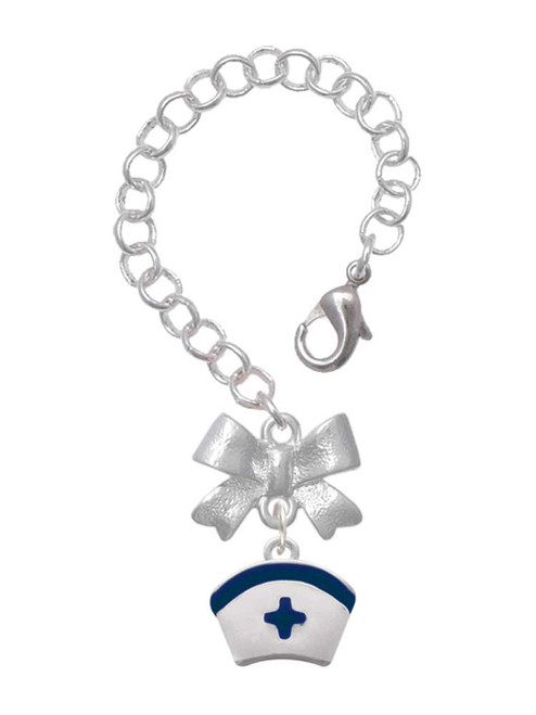 Silver Plated Nurse Hat with Blue Cross - Bow Charm Accessory for Tumblers and Thermal Cups