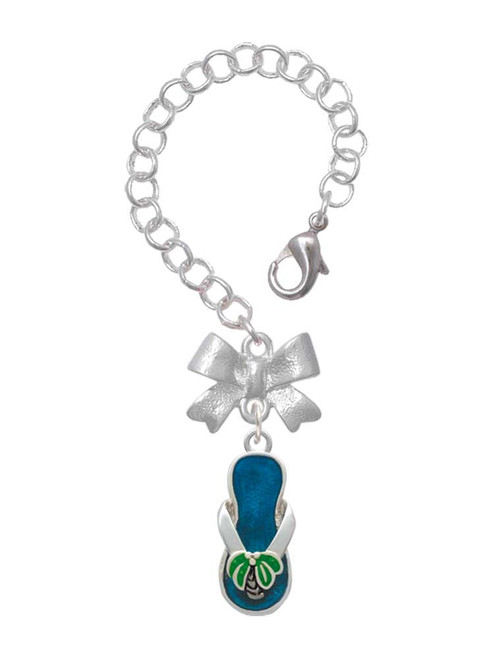 Silver Plated Tropical Blue Flip Flop with Palm Tree - Bow Charm Accessory for Tumblers and Thermal Cups