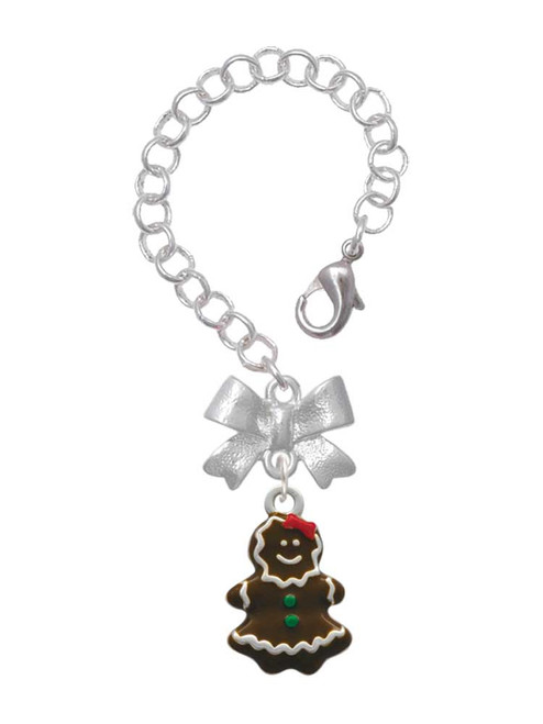 Silver Plated Enamel Gingerbread Cookie Girl - Bow Charm Accessory for Tumblers and Thermal Cups