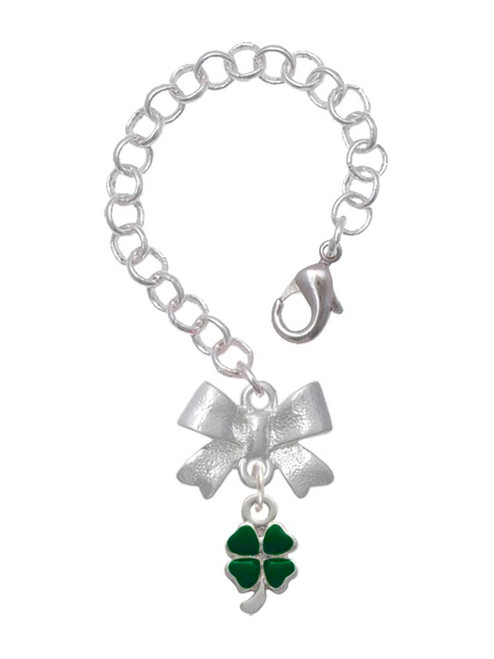 Silver Plated Mini Green Four Leaf Clover with Heart Leaves - Bow Charm Accessory for Tumblers and Thermal Cups