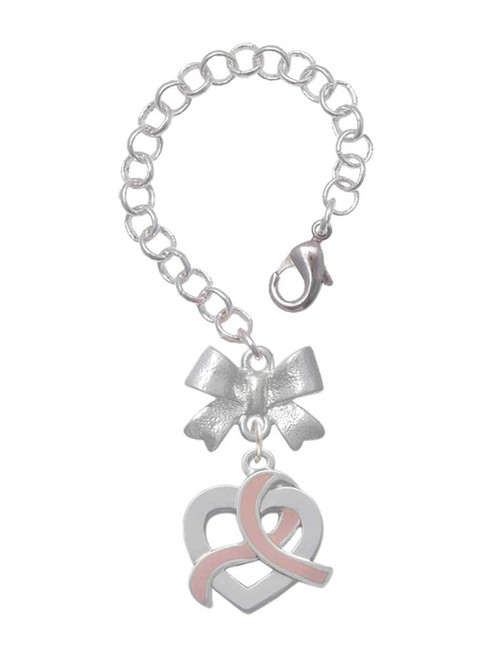 Silver Plated Heart Outline Looping Pink Ribbon - Bow Charm Accessory for Tumblers and Thermal Cups