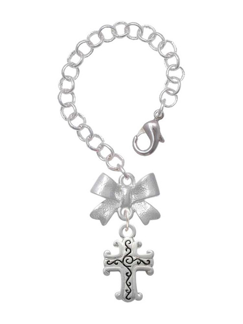 Silver Plated Scroll Cross with Antiqued Decoration - Bow Charm Accessory for Tumblers and Thermal Cups