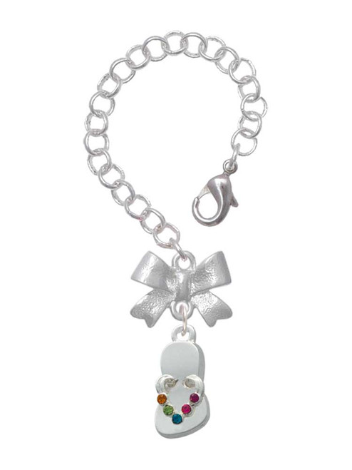 Silver Plated Multicolored Crystal Flip Flop - Bow Charm Accessory for Tumblers and Thermal Cups