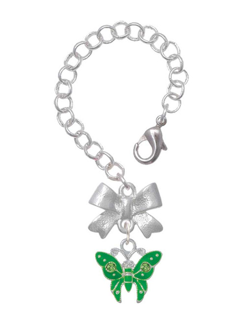 Silver Plated Lime Green Butterfly with 2 Lime Green Crystals - Bow Charm Accessory for Tumblers and Thermal Cups