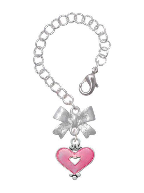 Silver Plated Hot Pink Enamel Heart with Cutout - Bow Charm Accessory for Tumblers and Thermal Cups