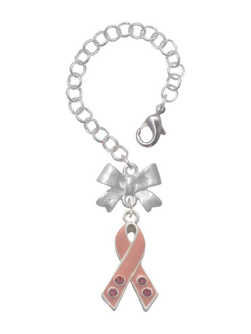 Silver Plated Large Pink Ribbon with Crystals - Bow Charm Accessory for Tumblers and Thermal Cups