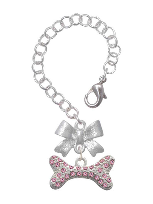 Silver Plated Large Light Pink Crystal Dog Bone - Bow Charm Accessory for Tumblers and Thermal Cups