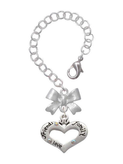 Silver Plated Heart with 3 AB Crystals - Friends Family Love - Bow Charm Accessory for Tumblers and Thermal Cups