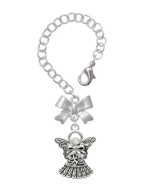 Silver Plated Antiqued Angel with Bow & Crystal - Bow Charm Accessory for Tumblers and Thermal Cups