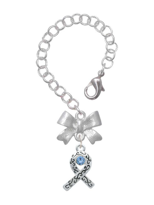 Silver Plated Scroll Ribbon with Light Blue Crystal - Bow Charm Accessory for Tumblers and Thermal Cups