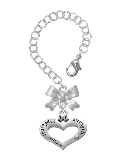Silver Plated Heart with 3 AB Crystals - Courage Strength Wisdom - Bow Charm Accessory for Tumblers and Thermal Cups