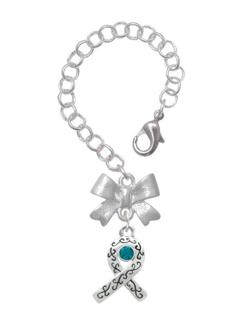Silver Plated Scroll Ribbon with Teal Crystal - Bow Charm Accessory for Tumblers and Thermal Cups