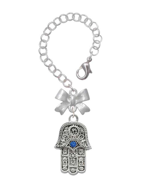 Silver Plated Hamsa Hand with Blue Crystal - Bow Charm Accessory for Tumblers and Thermal Cups