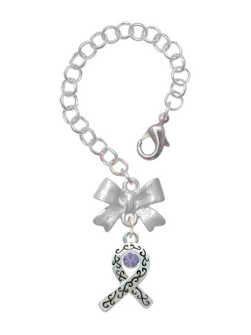 Silver Plated Scroll Ribbon with Lavender Crystal - Bow Charm Accessory for Tumblers and Thermal Cups