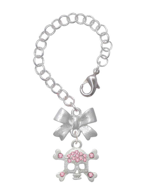 Silver Plated Skull and Crossbones with Pink Crystals - Bow Charm Accessory for Tumblers and Thermal Cups