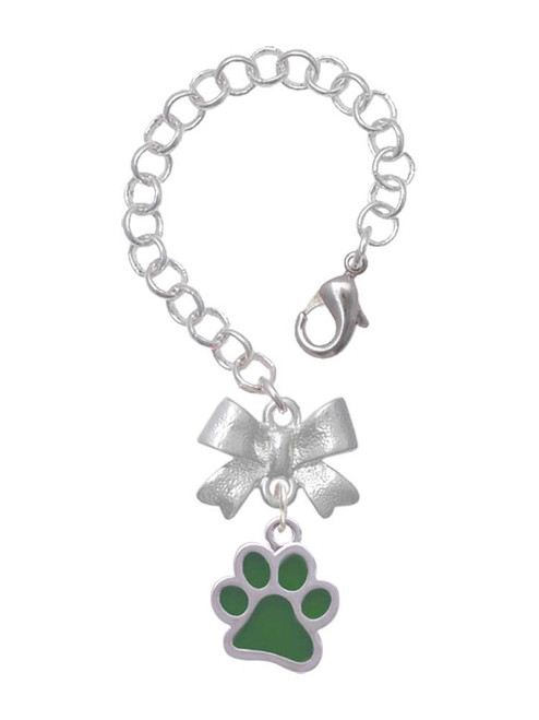 Silver Plated Medium Translucent Green Paw - Bow Charm Accessory for Tumblers and Thermal Cups
