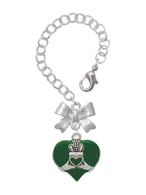 Silver Plated Large 2-D Claddagh on Green Heart - Bow Charm Accessory for Tumblers and Thermal Cups