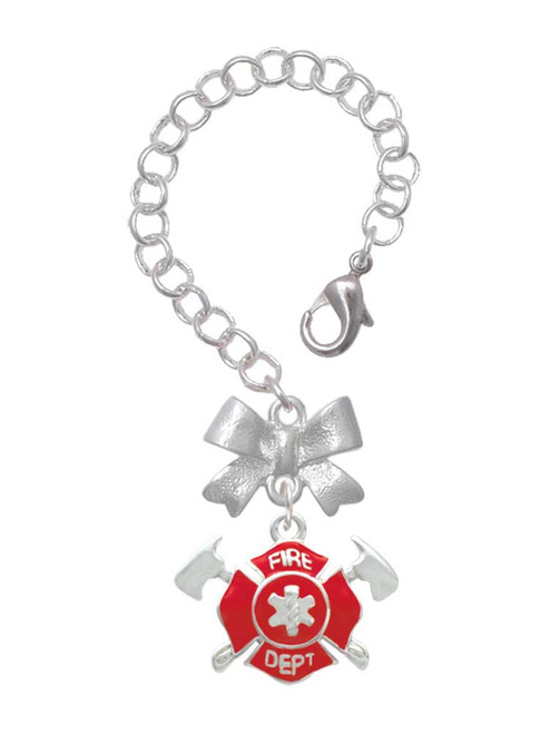 Silver Plated Red Fire Department Shield with Axes - Bow Charm Accessory for Tumblers and Thermal Cups