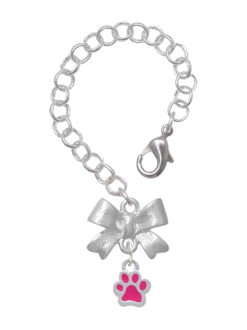 Silver Plated Mini Translucent Hot Pink Paw - Bow Charm Accessory for Tumblers and Thermal Cups