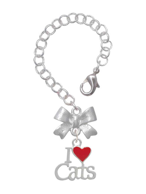 Silver Plated I Love Cats with Red Heart - Bow Charm Accessory for Tumblers and Thermal Cups