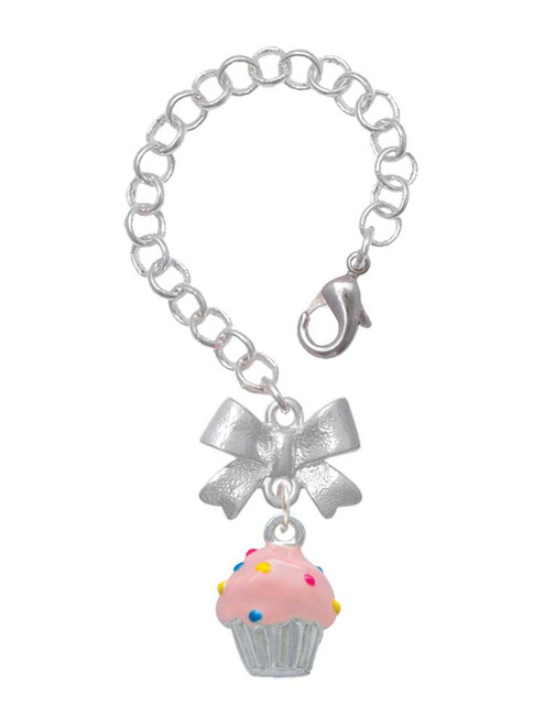 Silver Plated 3-D Pink Cupcake with Sprinkles - Bow Charm Accessory for Tumblers and Thermal Cups
