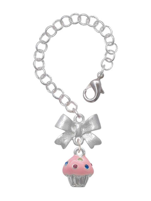 Silver Plated Small Pink Cupcake with Crystal Sprinkles - Bow Charm Accessory for Tumblers and Thermal Cups