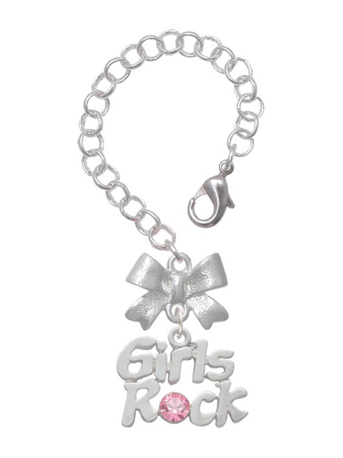 Silver Plated Girls Rock with Light Pink Crystal - Bow Charm Accessory for Tumblers and Thermal Cups