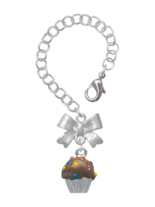 Silver Plated 3-D Chocolate Cupcake with Sprinkles - Bow Charm Accessory for Tumblers and Thermal Cups