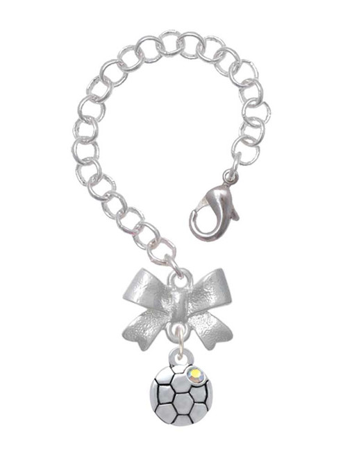 Silver Plated Small Soccer ball with a AB Crystal - Bow Charm Accessory for Tumblers and Thermal Cups