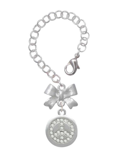 Silver Plated Disc with Crystal Peace Sign - Bow Charm Accessory for Tumblers and Thermal Cups