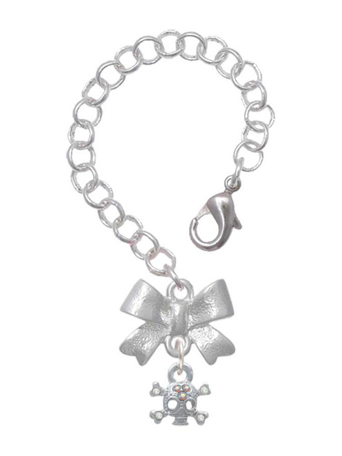 Silver Plated Mini Skull and Bones with 3 AB Crystals - Bow Charm Accessory for Tumblers and Thermal Cups