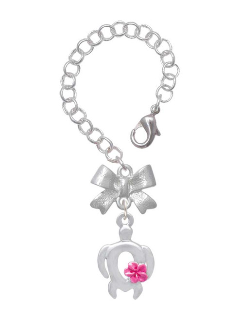 Silver Plated Open Sea Turtle with Hot Pink Plumeria - Bow Charm Accessory for Tumblers and Thermal Cups