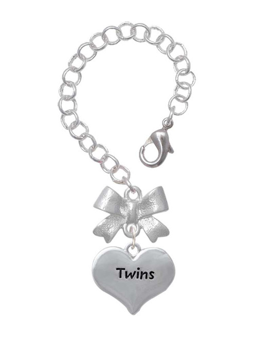 Silver Plated Twins Heart with Two Pair of Baby Feet - Bow Charm Accessory for Tumblers and Thermal Cups