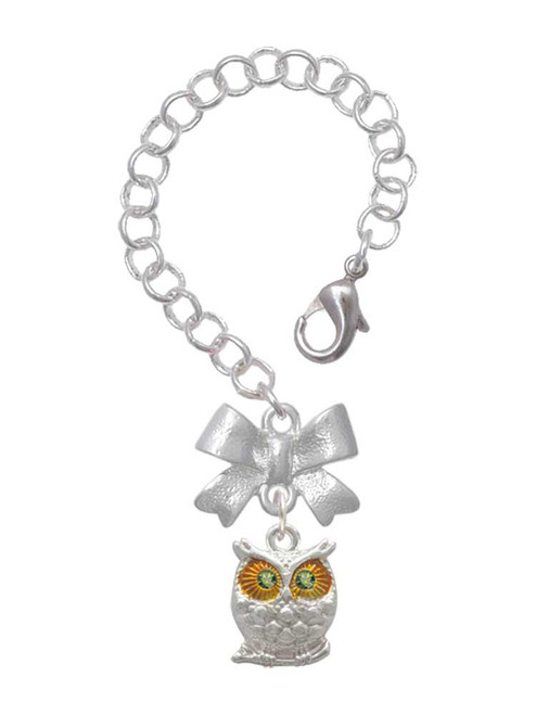 Silver Plated Owl with Lime Green Crystal Eyes - Bow Charm Accessory for Tumblers and Thermal Cups