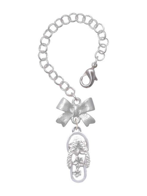 Silver Plated White Open Plumeria Flower Flip Flop - Bow Charm Accessory for Tumblers and Thermal Cups
