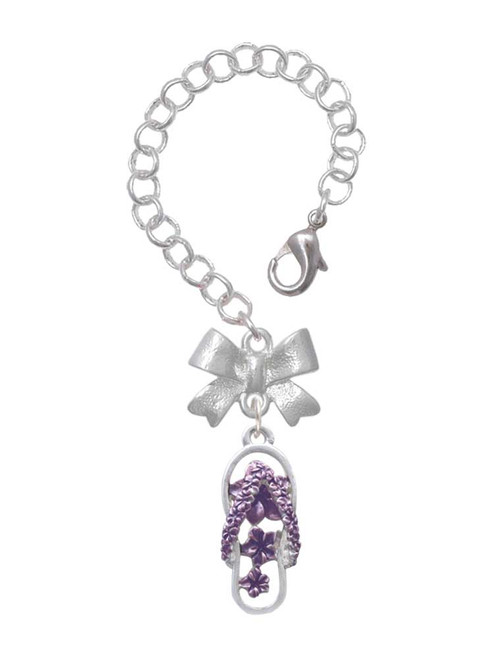 Silver Plated Purple Open Plumeria Flower Flip Flop - Bow Charm Accessory for Tumblers and Thermal Cups