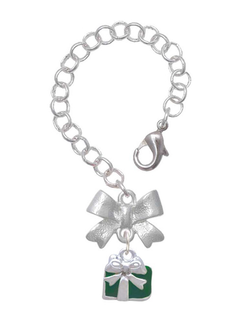 Silver Plated Small Green Enamel Present - Bow Charm Accessory for Tumblers and Thermal Cups