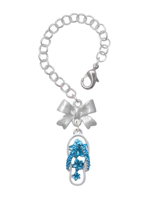 Silver Plated Blue Open Plumeria Flower Flip Flop - Bow Charm Accessory for Tumblers and Thermal Cups