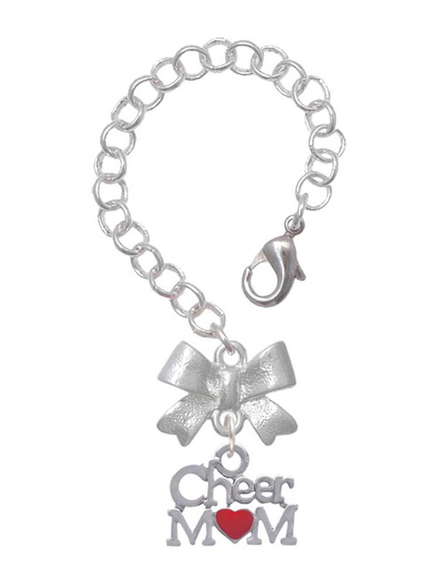 Silver Plated Cheer Mom with Red Heart - Bow Charm Accessory for Tumblers and Thermal Cups