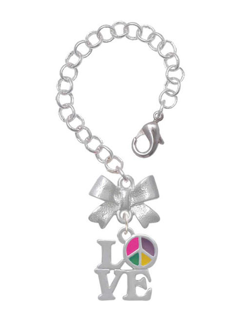Silver Plated Love with Multicolored Peace Sign - Bow Charm Accessory for Tumblers and Thermal Cups