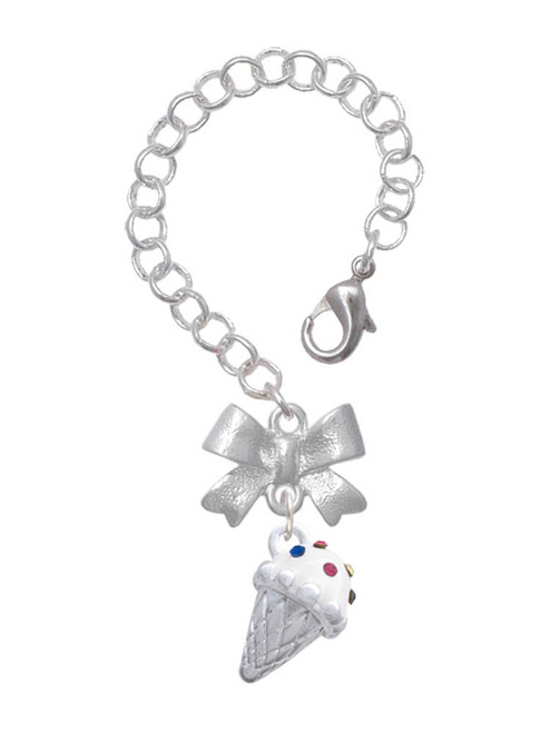Silver Plated 3-D Vanilla Ice Cream Cone with Crystal Sprinkles - Bow Charm Accessory for Tumblers and Thermal Cups