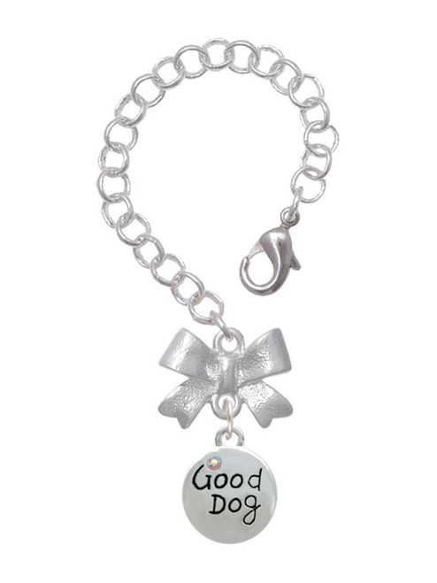 Silver Plated Good Dog with AB Crystal and Paw Print - Bow Charm Accessory for Tumblers and Thermal Cups