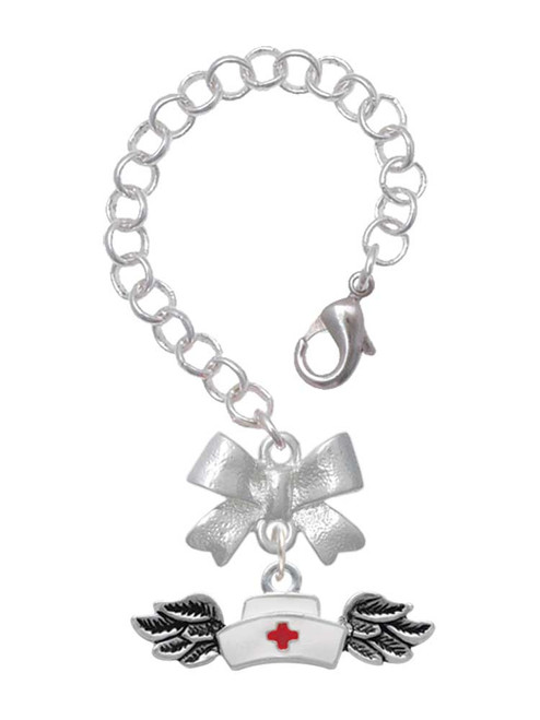 Silver Plated Enamel Nurse Hat with Wings - Bow Charm Accessory for Tumblers and Thermal Cups