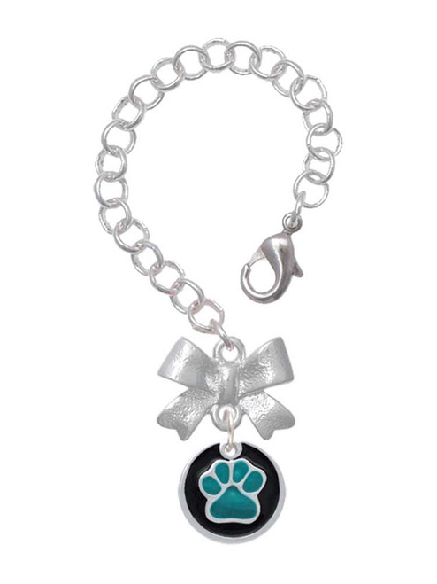 Silver Plated Teal Paw on Black Disc - Bow Charm Accessory for Tumblers and Thermal Cups