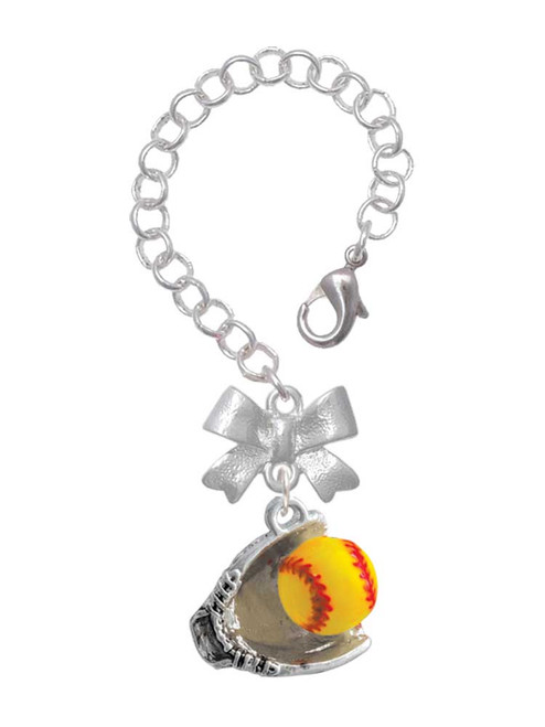 Silver Plated Extra Large Softball and Glove - Bow Charm Accessory for Tumblers and Thermal Cups