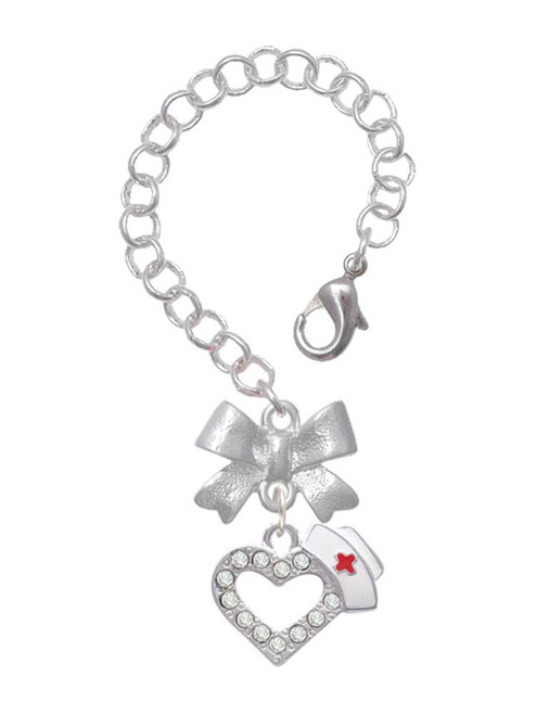 Silver Plated Small Crystal Heart with Nurse Hat - Bow Charm Accessory for Tumblers and Thermal Cups