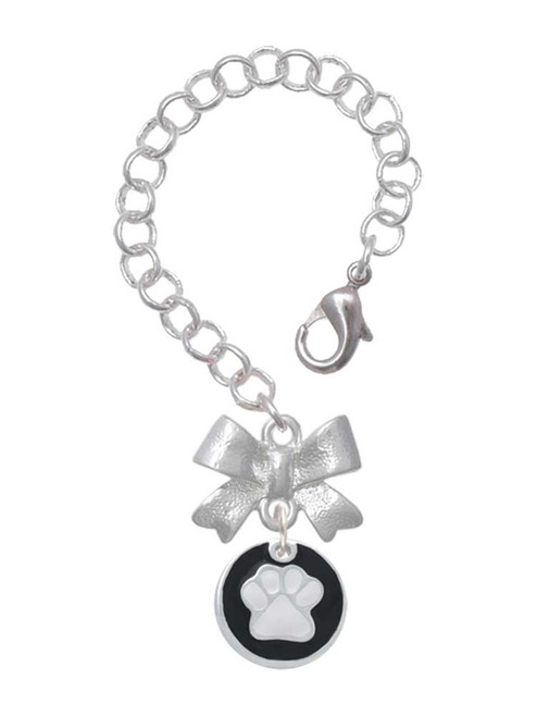 Silver Plated White Paw on Black Disc - Bow Charm Accessory for Tumblers and Thermal Cups