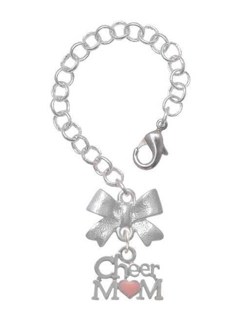 Silver Plated Cheer Mom with Pink Heart - Bow Charm Accessory for Tumblers and Thermal Cups